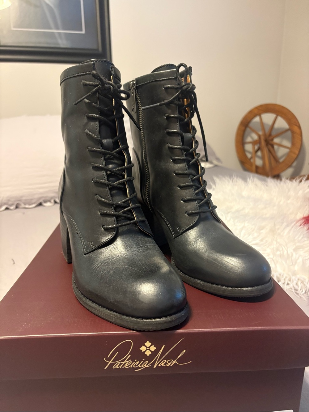 Patricia Nash Black Lace-Up Leather Ankle Boots with Side Zipper